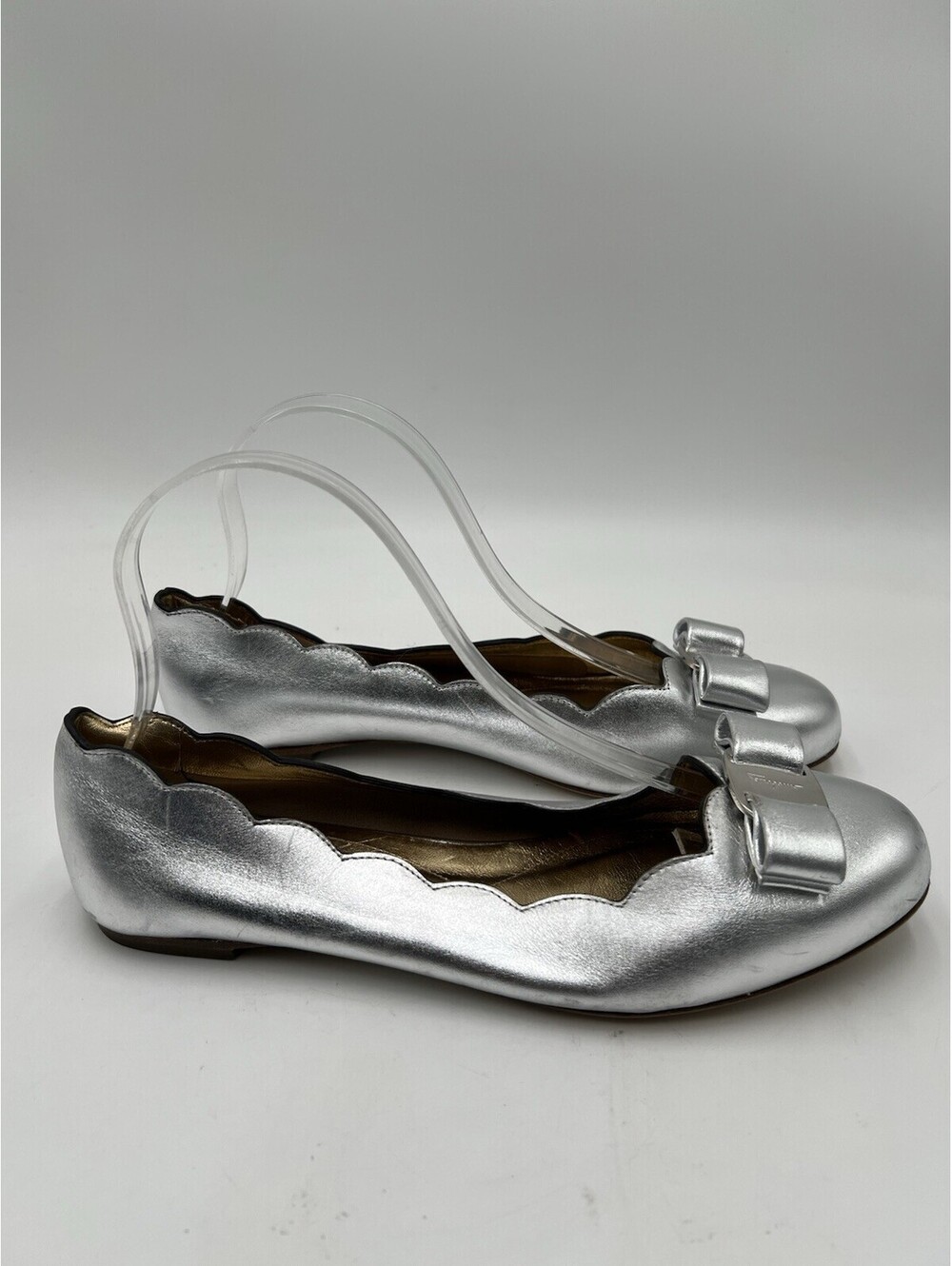 Salvatore Ferragamo Varina Metallic Leather Ballet Flats in silver Size 8.5